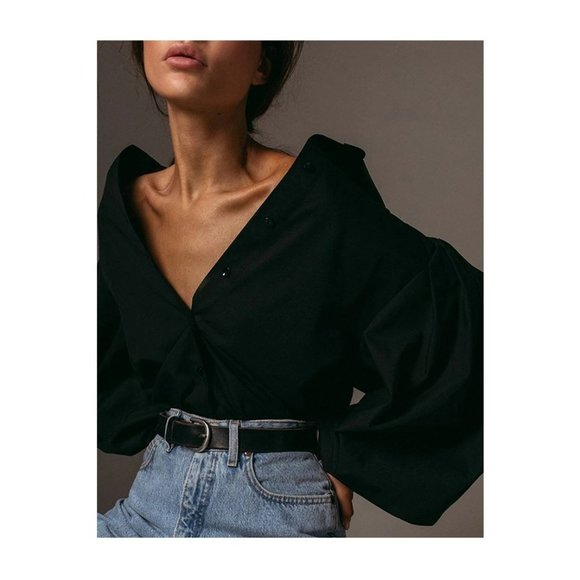 Solid Color Lapel Puff Sleeve Blouses - Picture 3 of 7